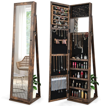 Standing Jewelry Cabinet, Large Capacity Jewelry Organizer w/Full-Length Mirror & Rear Storage Shelves, Lockable