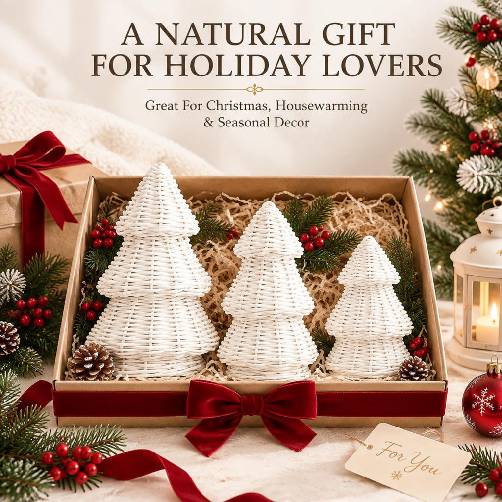 3 Pcs Woven Rattan Christmas Tree Decor, Classic Weave, White