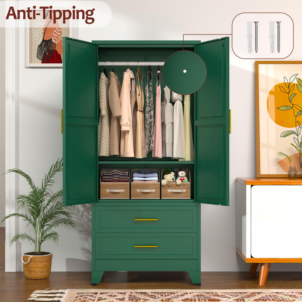 Metal Armoire Wardrobe Closet with 2 Drawers, 71" Wardrobe Cabinet with Adjustable Shelves and Hanging Rod, Clothing