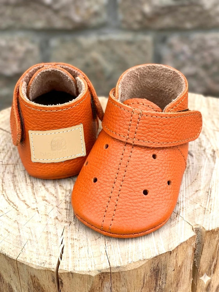 Leather Baby Shoes Soft Sole, Orange Moccasins, Handmade Genuine Infant Booties, Toddler First Walker, Newborn Unisex