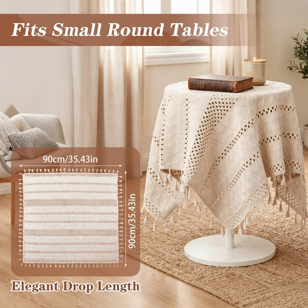 Boho Cotton Handmade Crochet Lace Tablecloth, Beige Round Table Cover