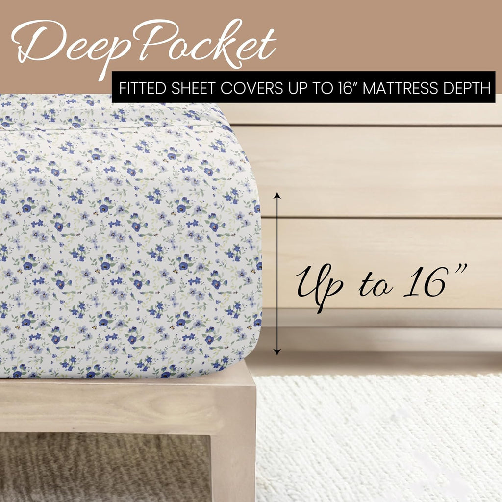4 Piece Queen Sheet Set - Breathable, Double-Brushed Patterned Cooling Sheets - Ultra Soft & Wrinkle-Free 16"