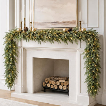 9FT Christmas Cedar Garland with Lights, Artificial Pine Greenery Decor