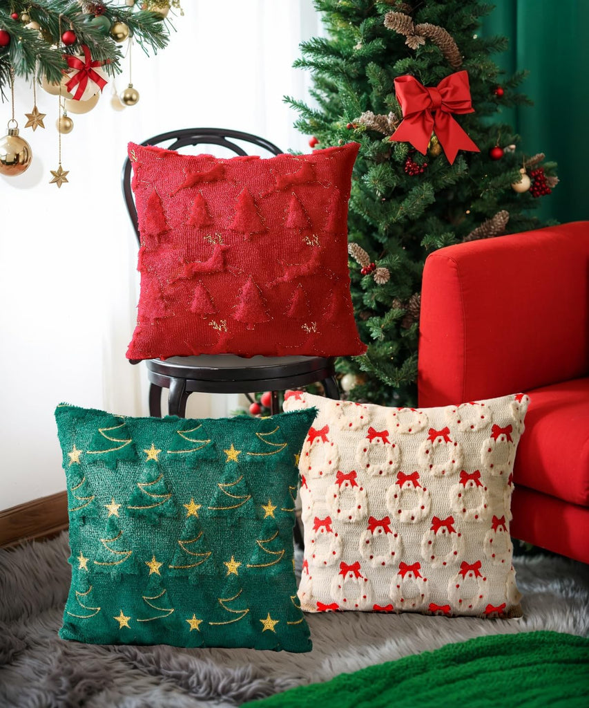 Christmas Pillow Covers Soft Plush Faux Fur Pillow Cases 3D Embroidered Decorative Couch Cover Home Decor - Set of 2