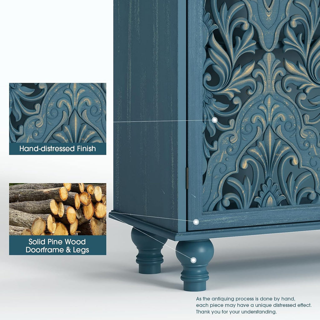 Buffet Sideboard Cabinet with Hand-Carved Doors, 47" Tall Accent Cabinet , Vintage Wood Storage Cabinet with Shelves