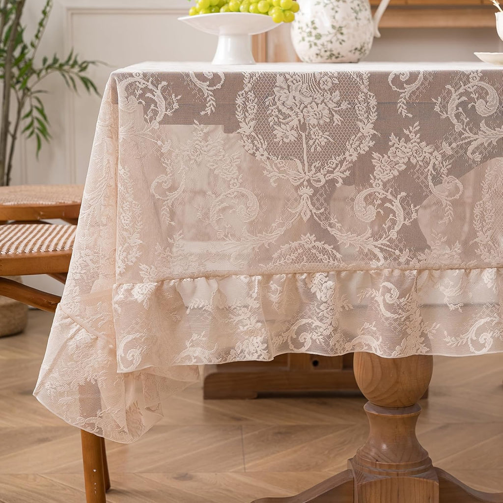 Cream Beige French Lace Ruffle Tablecloth 60 x 102 Inch with Ruffled Edge, Fits Round and Rectangula