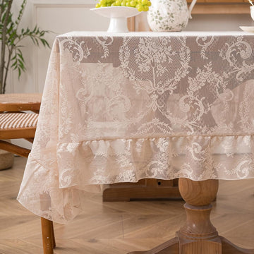Cream Beige French Lace Ruffle Tablecloth 60 x 102 Inch with Ruffled Edge, Fits Round and Rectangula