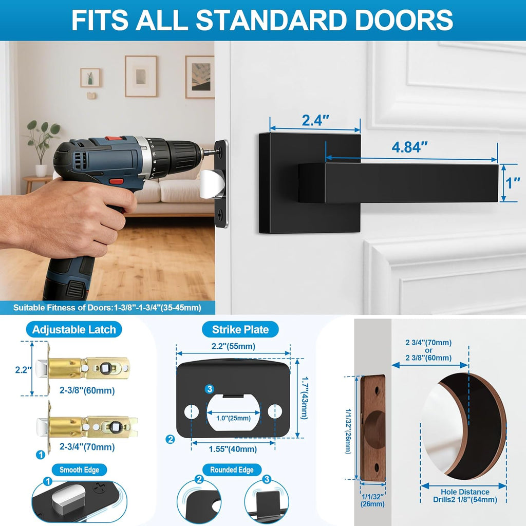 4 Pack Black Door Handles Interior, Passage Door Levers Closet Door Knobs Heavy Duty Square Non-Locking Handlesets