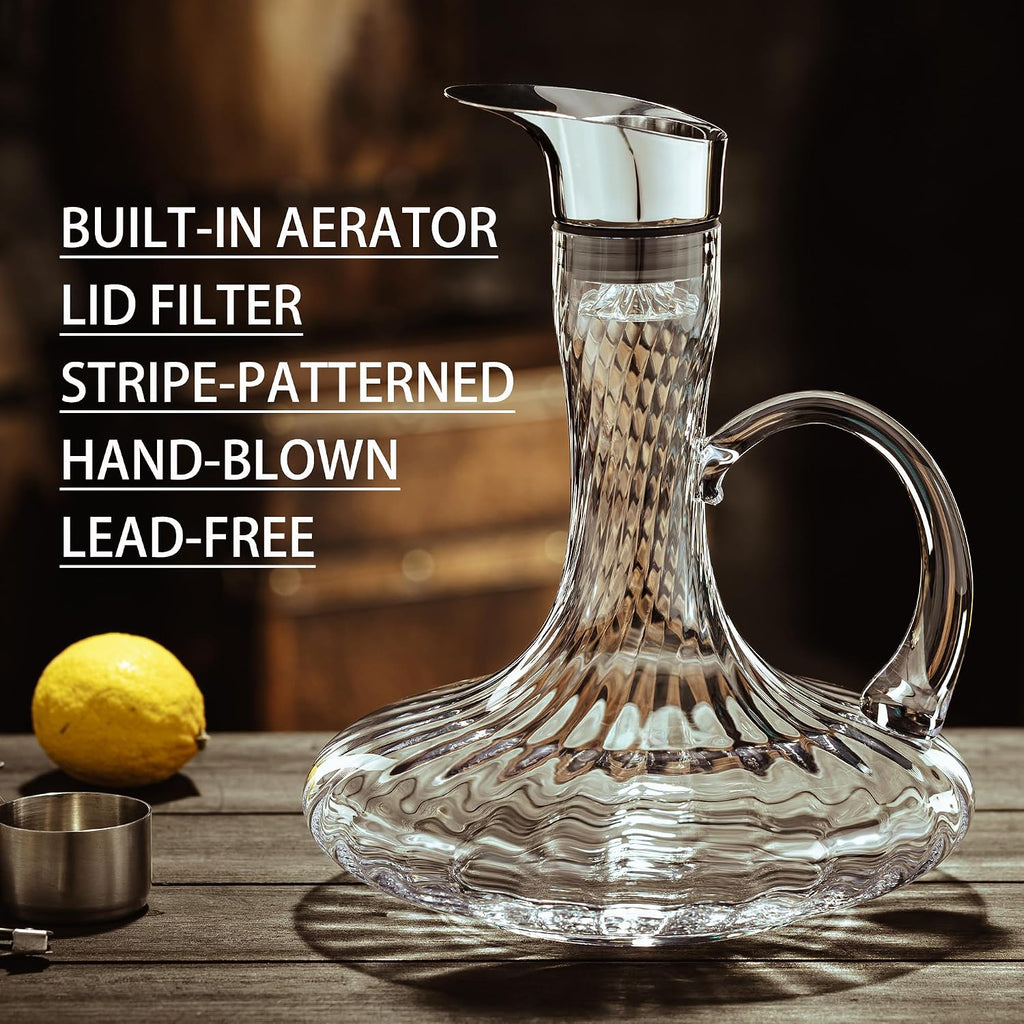 Hand Blown Wine Decanter, 60oz Large Red Wine Decanter With Aerator, Lead-free Striped Glass Carafe, Cute Wine