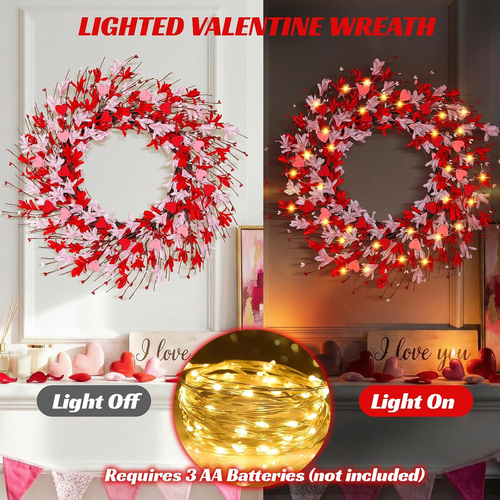 Valentines Day Decorations - 20 Inch Valentines Wreath, Artificial Lighted Pink Forsythia Wreath with Hearts Berries