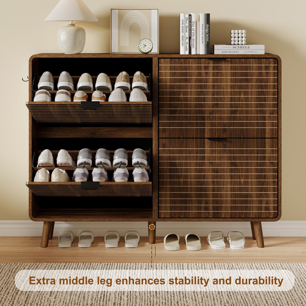 Fluted Shoe Storage Cabinet with 4 Flip Drawers, Walnut