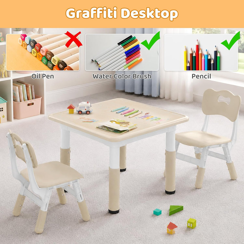 Height Adjustable Kids Table and Chairs Set (2 Chairs) for Ages 2-8 | Non-Slip Toddler Activity Table with Wipe-Clean
