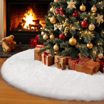 72 Inch Christmas Tree Skirt, White Faux Fur Plush Design for Holiday Decor