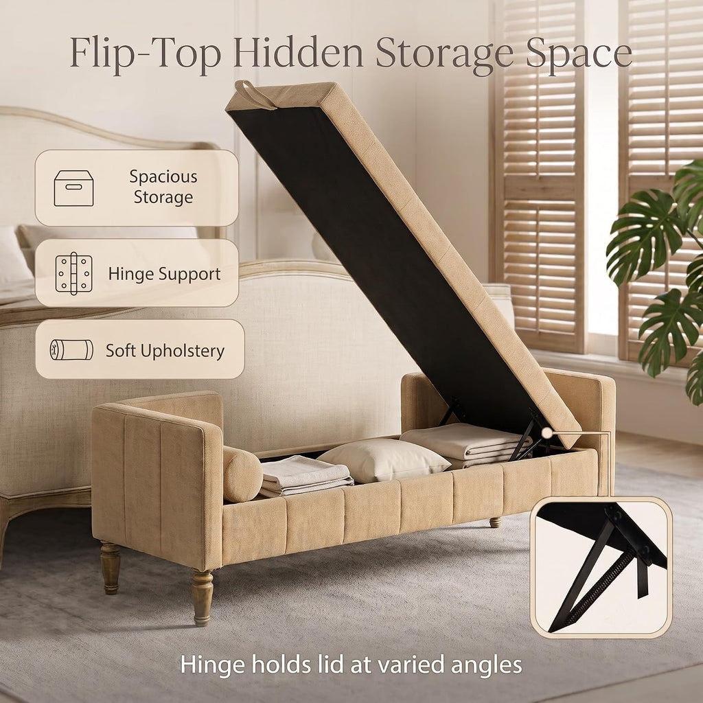 64.6" End of Bed Storage Bench, Diamond Tufted Chenille | 64.6"W × 22.08"D × 22.08"H, Camel, 350 lbs capacity