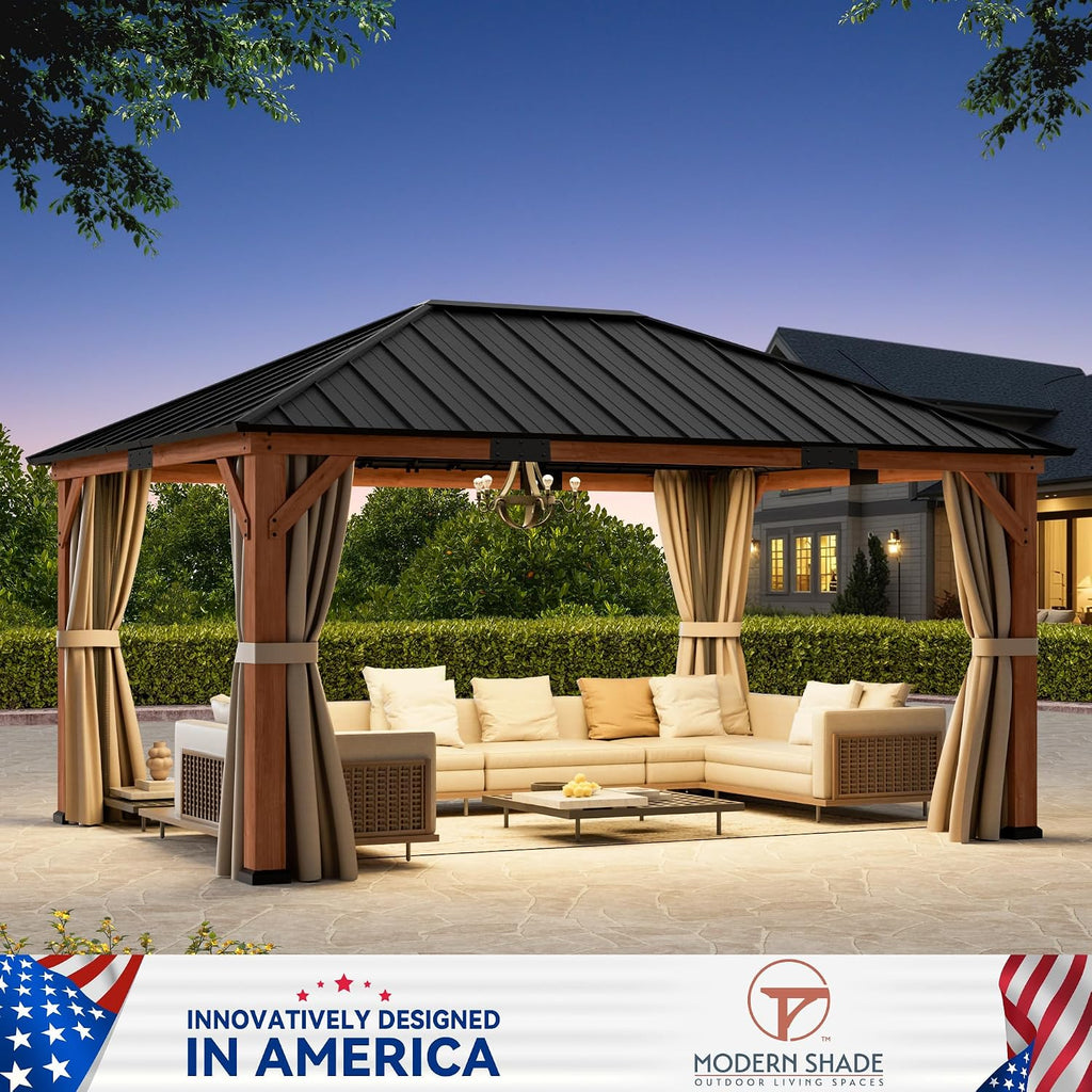 Modern Shade Wood Gazebo 12' x 16', Permanent Hardtop Gazebo with Galvanized Steel Roof, Mosquito Netting and Curtains