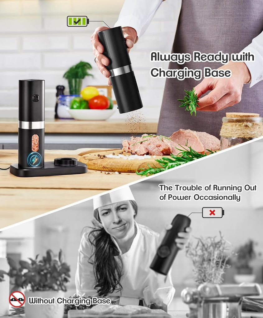 Electric Salt and Pepper Grinder Set, Charging Base, Adjustable Coarseness - Set of 2