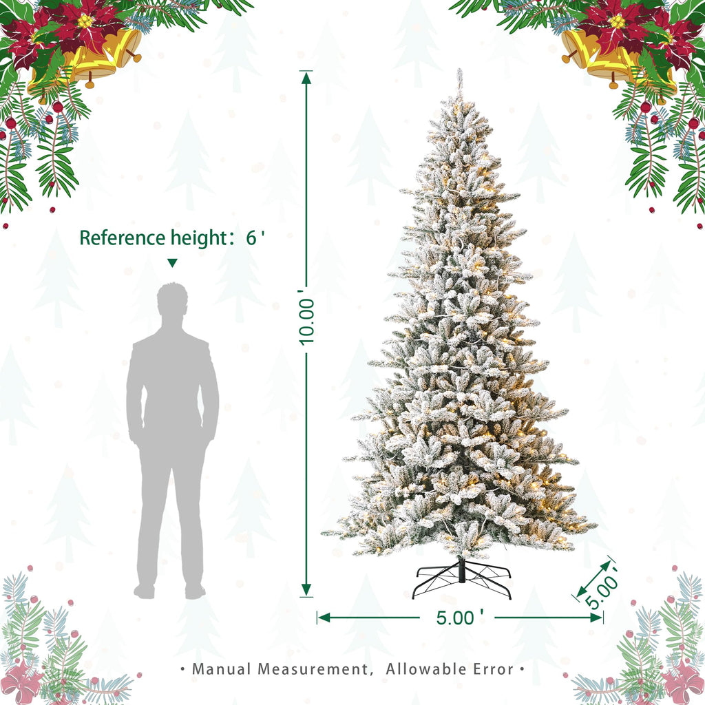 10ft Pre-Lit Flocked Fir Artificial Christmas Tree with 750 Warm White Lights, Full Size Large Xmas Tree for Holiday