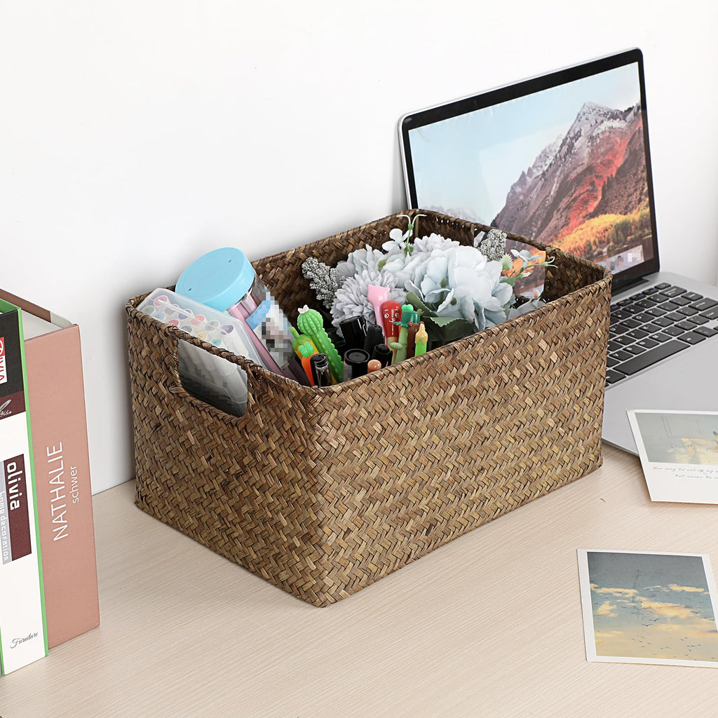 Seagrass Storage Basket for Shelf Organizing, Opened Baskets Bin Handwoven Wicker Baskets Rectangular Decorative