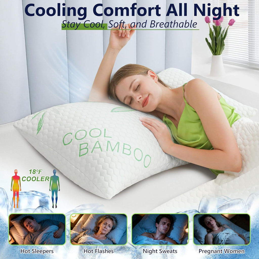 Cooling Pillows, Shredded Memory Foam Pillows Standard Size Set of 2 Adjustable Firm Bamboo Bed Pillows for Hot
