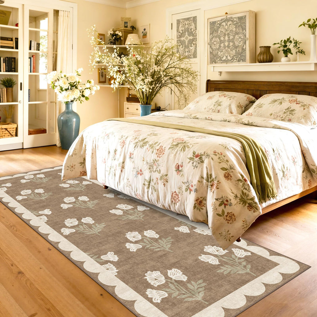 Non Slip Washable Kitchen Runner Rug - Tan Floral Hallway Runner Rugs Soft Boho Runners s Vintage Farmhouse