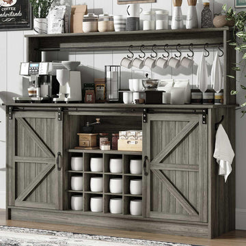 55" Farmhouse Coffee Bar Cabinet with Storage Hutch, Grey