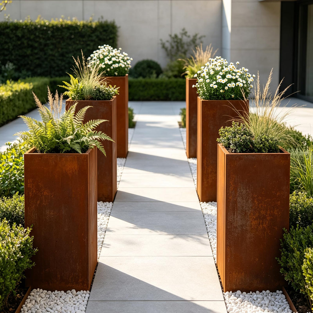Corten Steel Tall Planter Box 14"x14"x30" Rusted Metal Spliced Planter