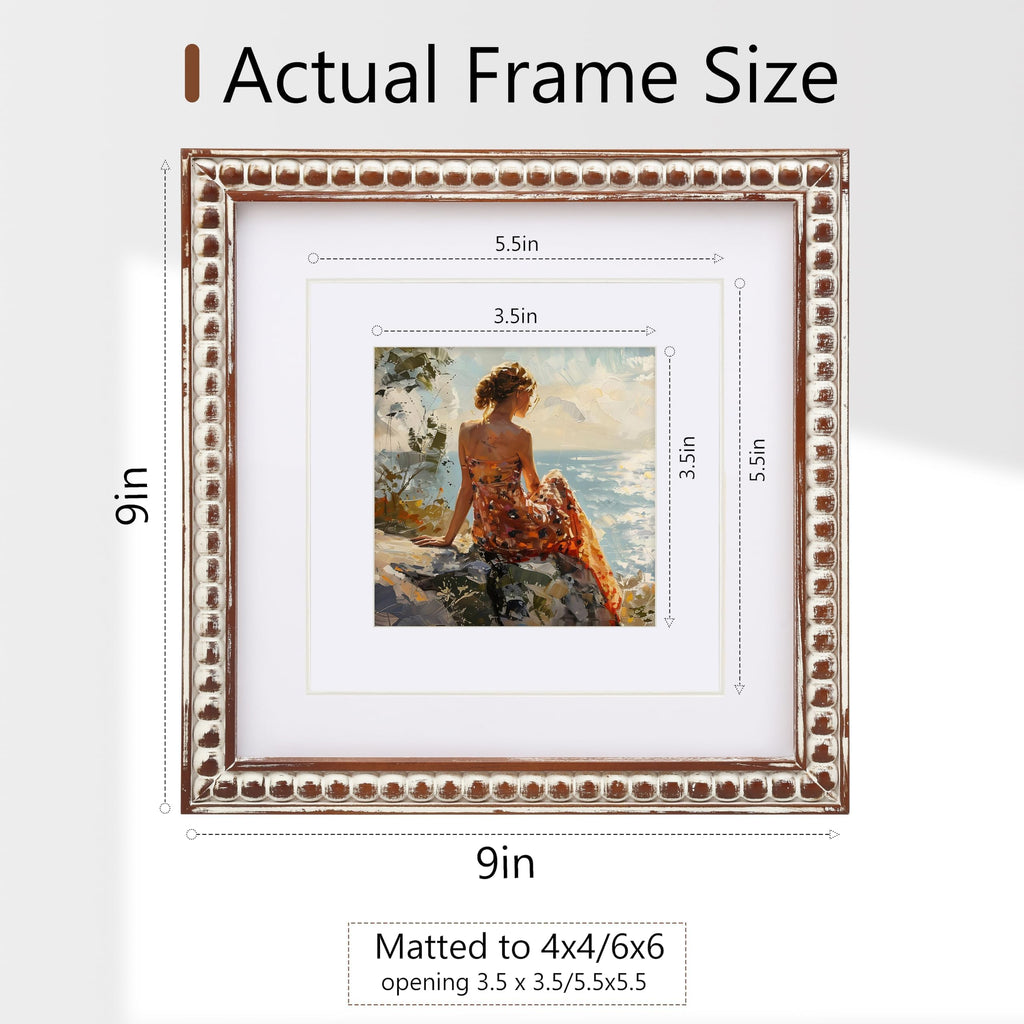Square 8x8 Picture Frame with Mat for 6x6/4x4, Distressed Beaded Wood, Real Glass, Whitewashed Farmhouse Style for