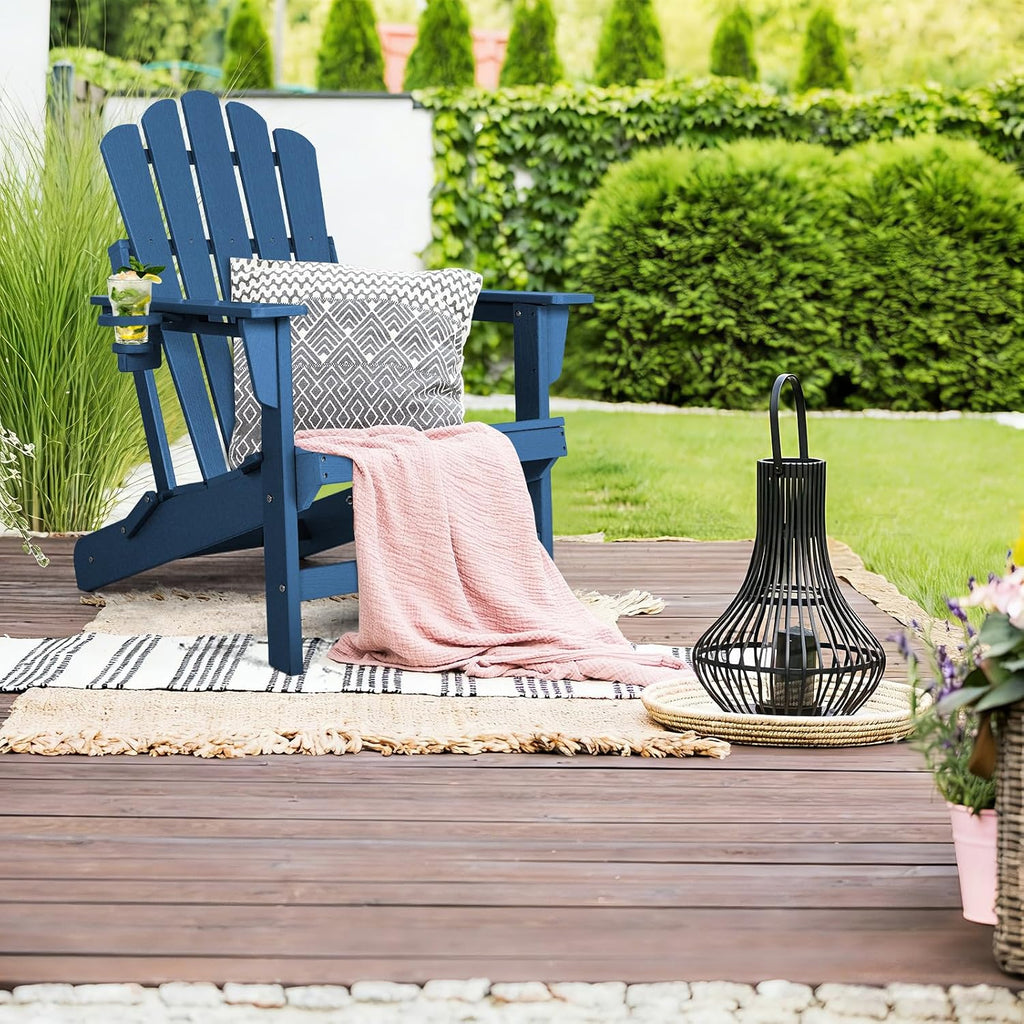 Folding Adirondack Chair Set of 4, Fire Pit Chairs with Cup Holder | Wood-Grain, HDPE All Weather, Quick-Folding, No