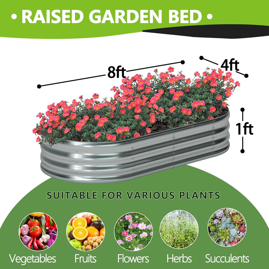 8x4x1ft(2 Pack) Galvanized Oval Raised Garden Bed,Outdoor Planter Box Metal Patio Kit Planting Bed for Vegetables