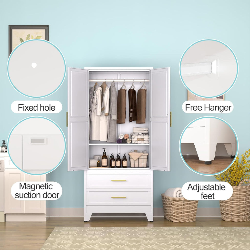 Metal Armoire Wardrobe Closet, 71 "Metal Clothing Storage Cabinet | with Adjustable Shelves and Hanging Rod