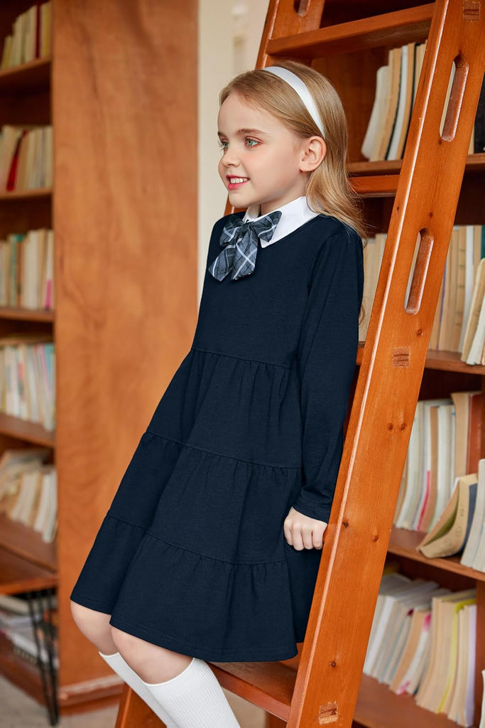 Girl Long Sleeve Dress Tiered Ruffle Swing Tunic Shirt Dress