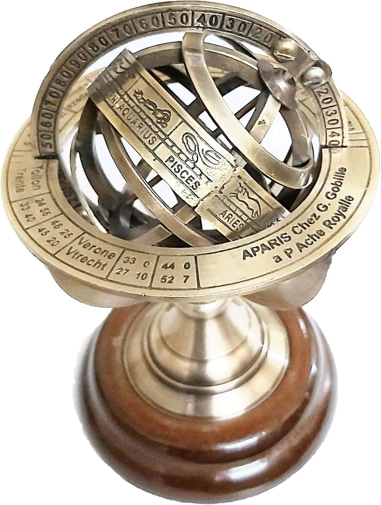 Armillary Astrolabe Sphere Showpiece, Brass and Wooden Base Engraved Brass Tabletop Armillary Nautical Sphere Globe