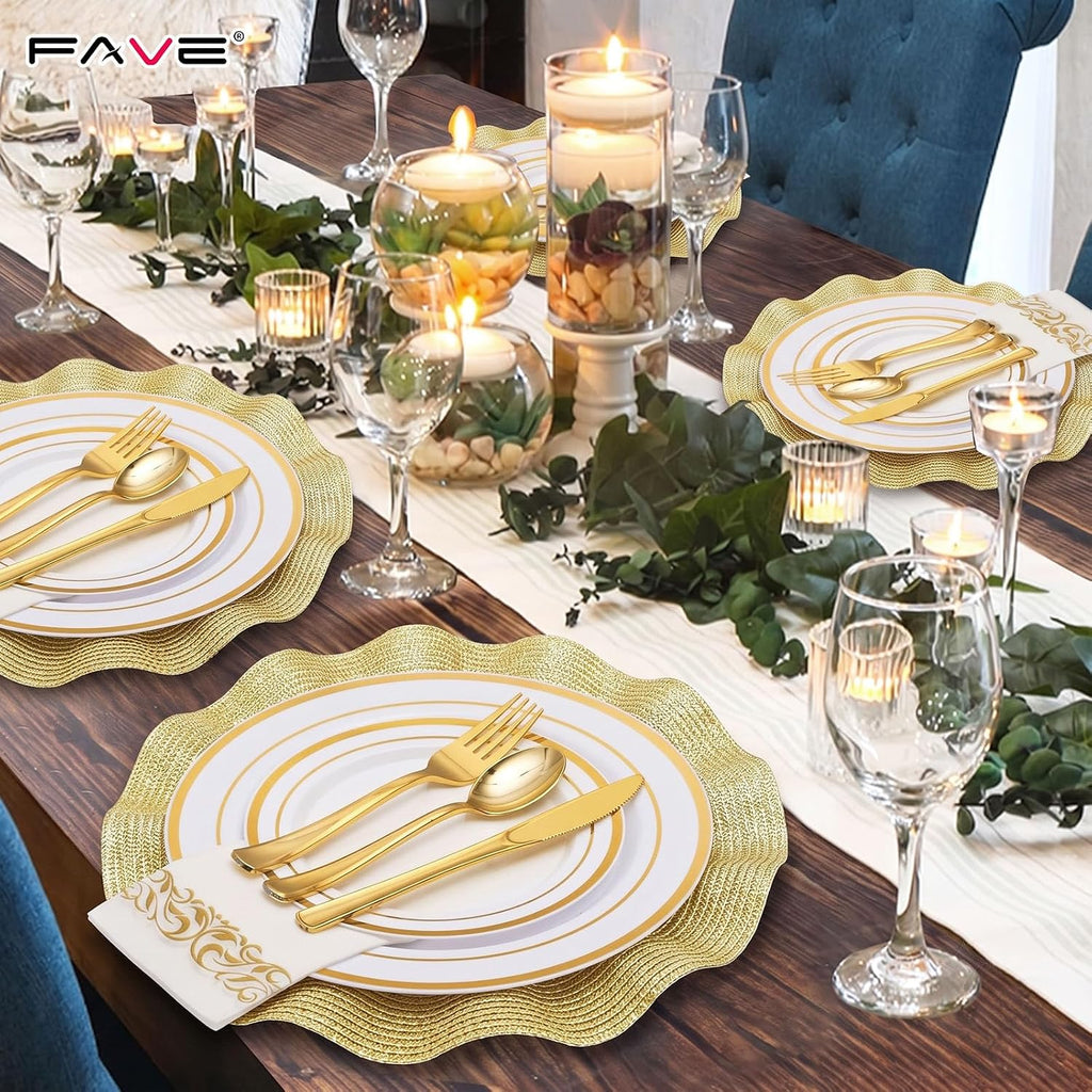 Gold Woven Placemats, Round Table Mats with Scalloped Edge - Set of 6