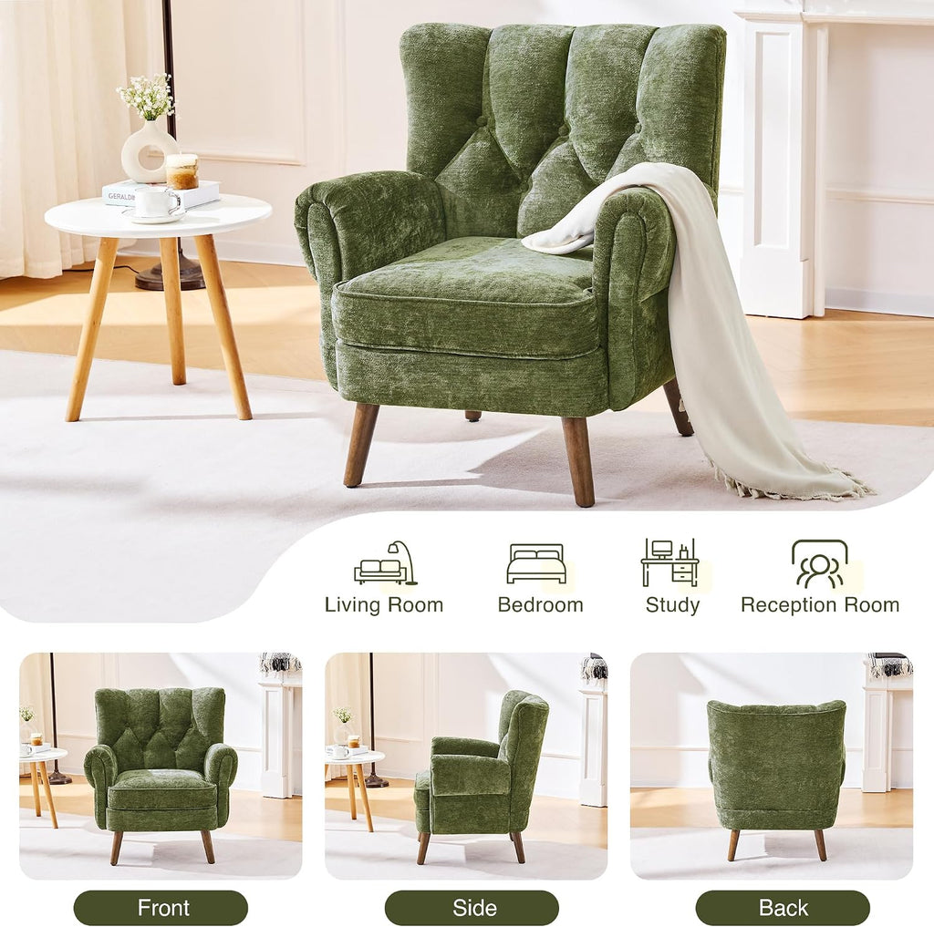 Wingback Accent Chairs , Mid-Century Modern Living Room Chairs, High Wingback Reading Chair, Chenille Tufted