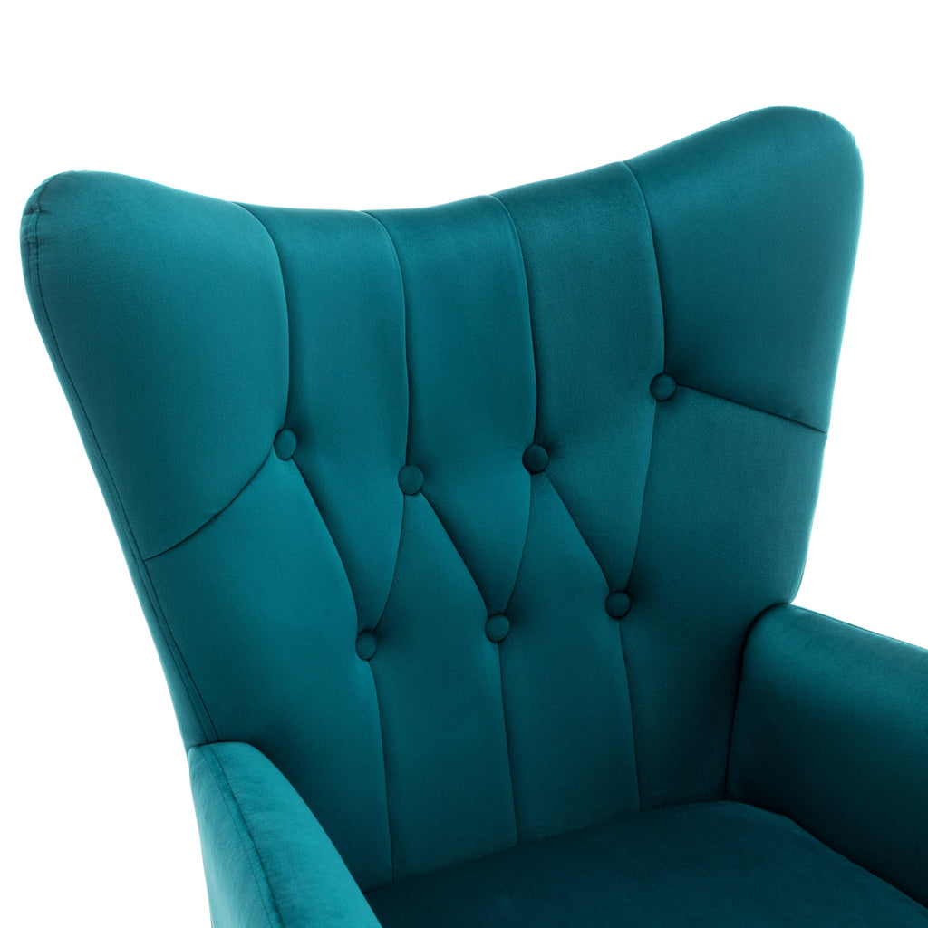 Modern Chic Mid-Century Velvet Accent Armchair, or Home Office, Button-Tufted Wingback Design with Gold Flared Legs