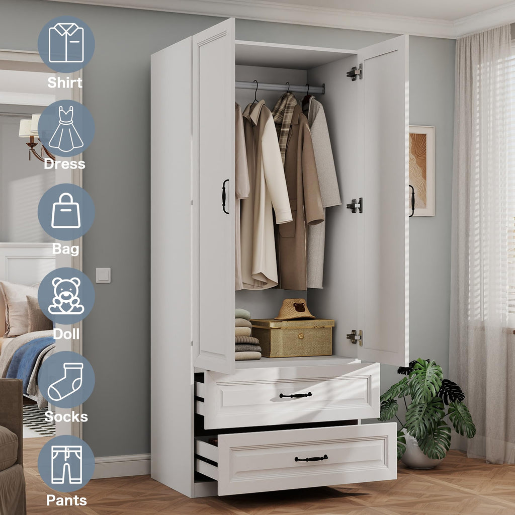White Armoire Wardrobe Closet with 6 Drawers, 75" H x 95" W Armoire