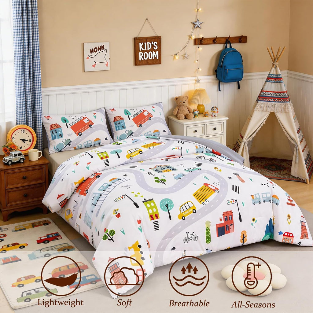 Twin Comforter Sets for Boys 3-Piece Cartoon Cars Kids Bedding Sets Soft and Lightweight White Construction Comforter