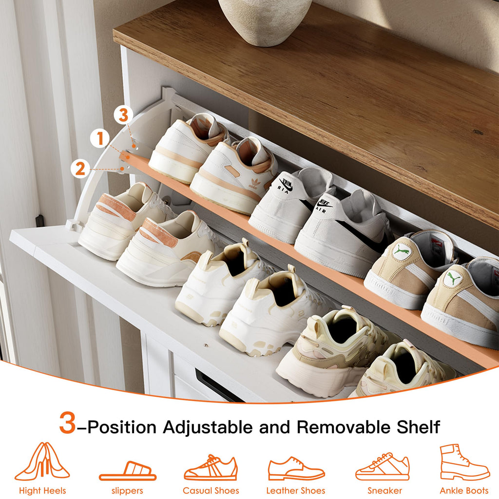 Shaker Barn Door Shoe Cabinet, 4 Flip Drawers & 3Tier Adjustable Shelves, Ultra Slim Freestanding, Modern Rustic