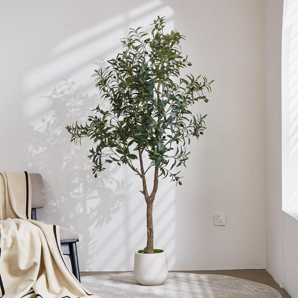 6ft Artificial Olive Tree Indoor with Modern Weighted Planter, Realistic Faux Olive Tree with Wood Trunks, Lifelike