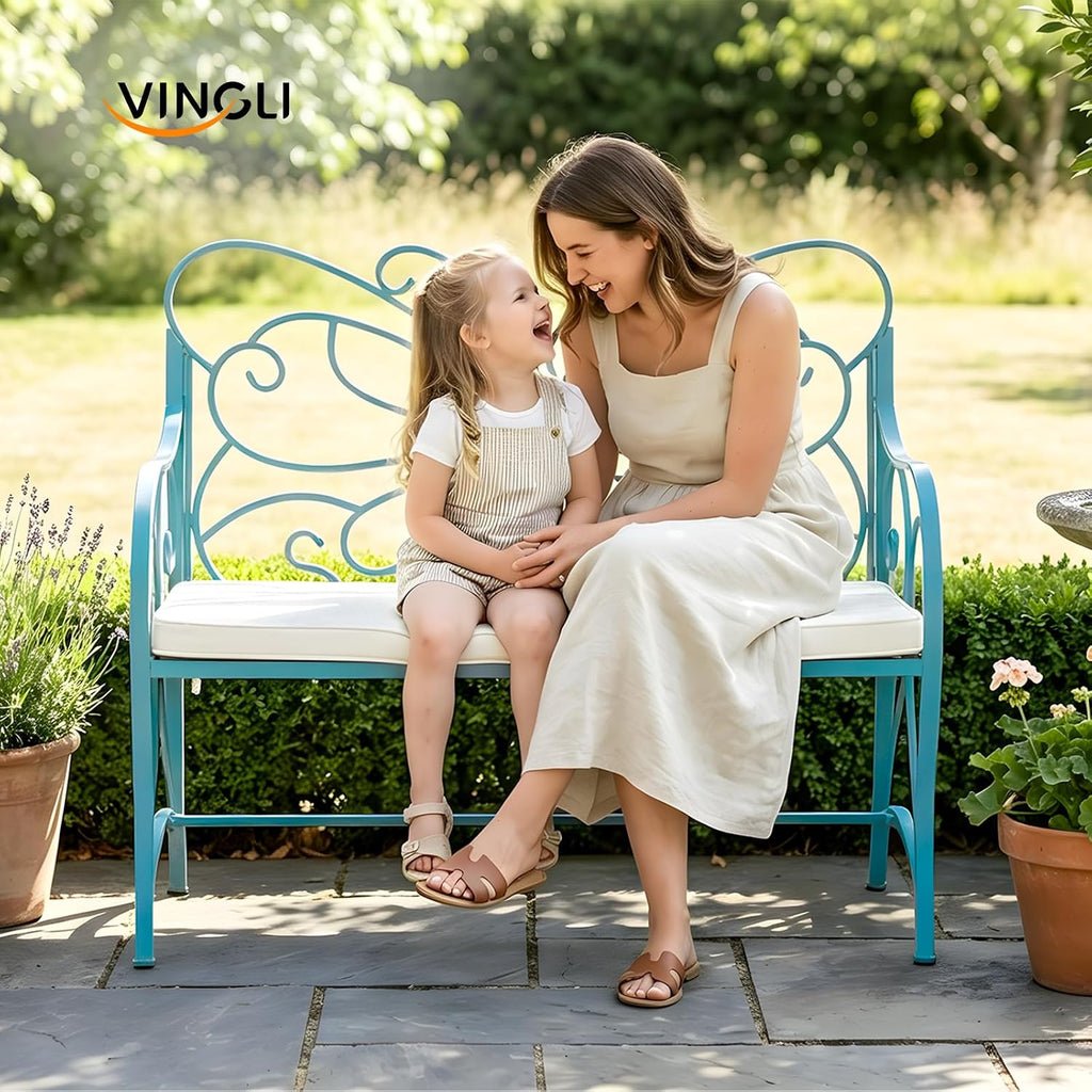 38.7in Cast Iron Outdoor Bench with Cushion, All Weather Resistant Metal Bench with Curved Armrests and Butterfly