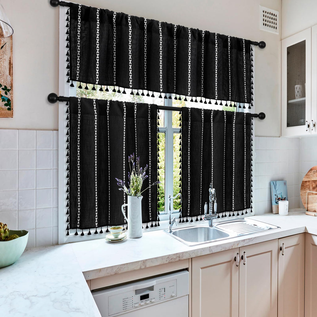 Black White Kitchen Valances for Windows, Boho Farmhouse Valance Curtains /Bedroom, French Country Cotton Linen