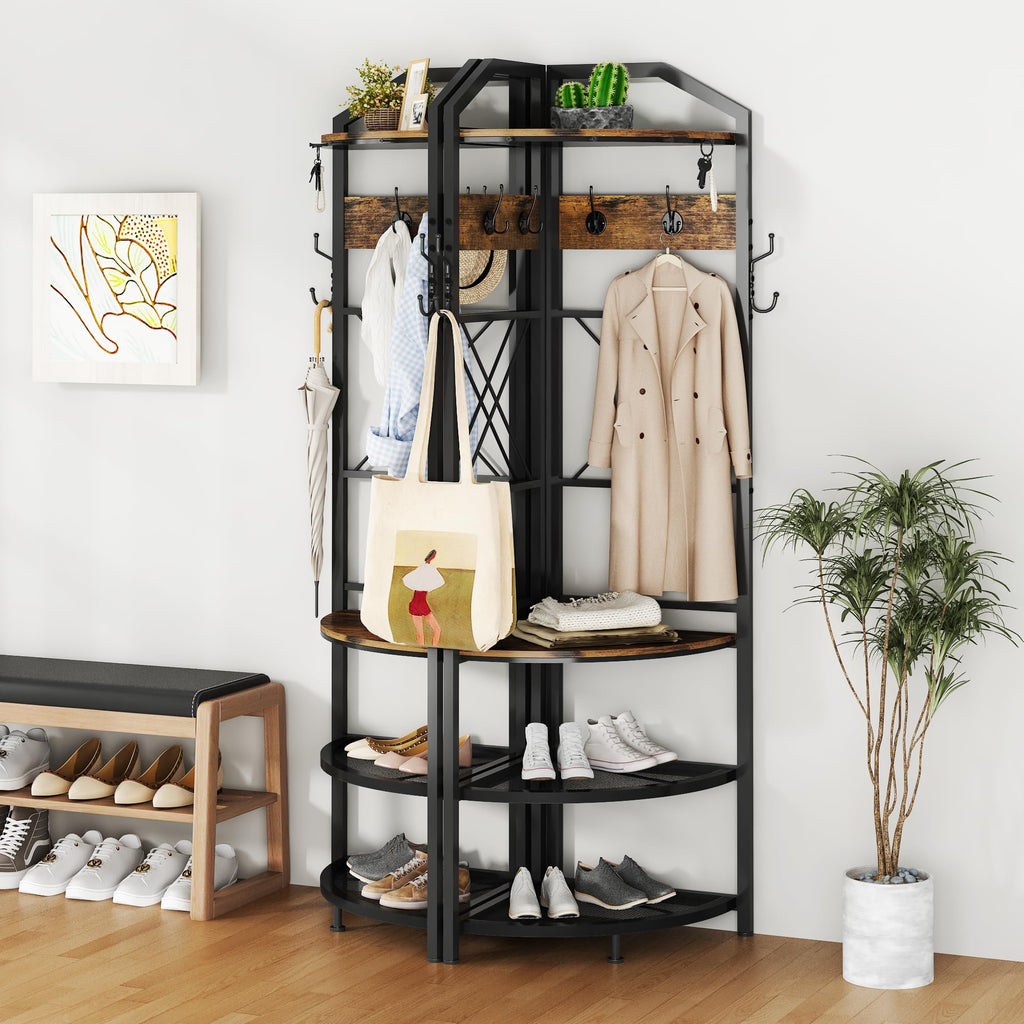 Corner Coat Rack with Storage, Entryway Hall Tree with Shoe Rack and Hooks, Freestanding Clothes Rack Corner Shelf