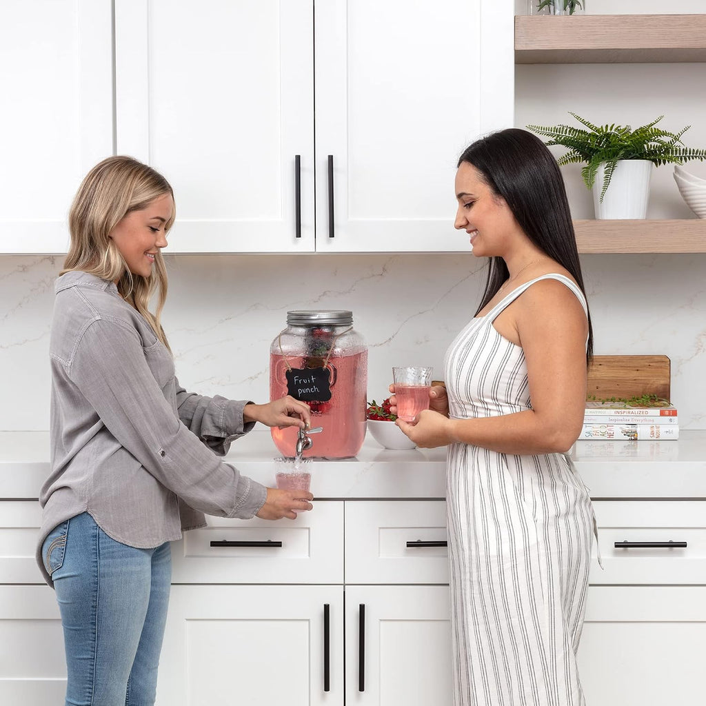 1 Gallon Glass Water Dispenser with Stainless Steel Spigot + Marker & Chalkboard, & Ice Cylinder - 100% Leakproof