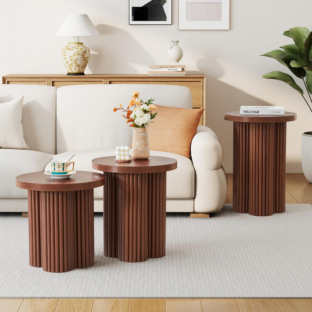Round Nesting Coffee Set of 3 Fluted Coffee (Walnut)