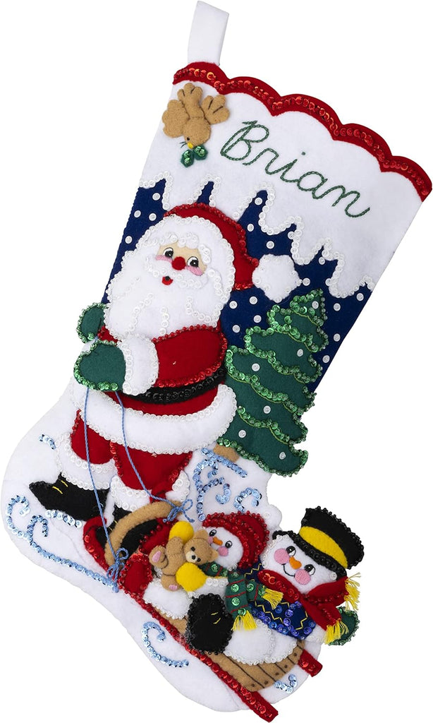 Felt Applique 18" Stocking Making Kit, Sledding with Santa