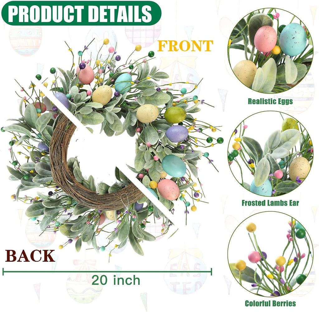 20 Inch Artificial Easter Wreath Spring Wreath with Colorful Eggs Berries Flocked Lambs Ear Leaves for Front Door
