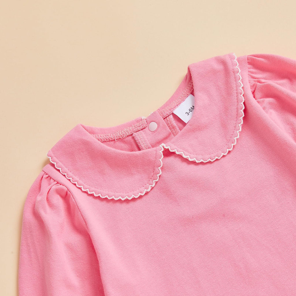 Baby Coming Home Outfit Boy Girl Plain Long Sleeve Romper Jumpsuit (Scalloped Collar-Pink, )