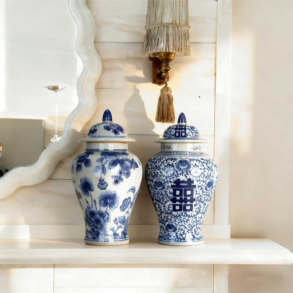 11′′ Blue & White Ginger Jar with Lid Classic Peony Home Decor Aesthetic