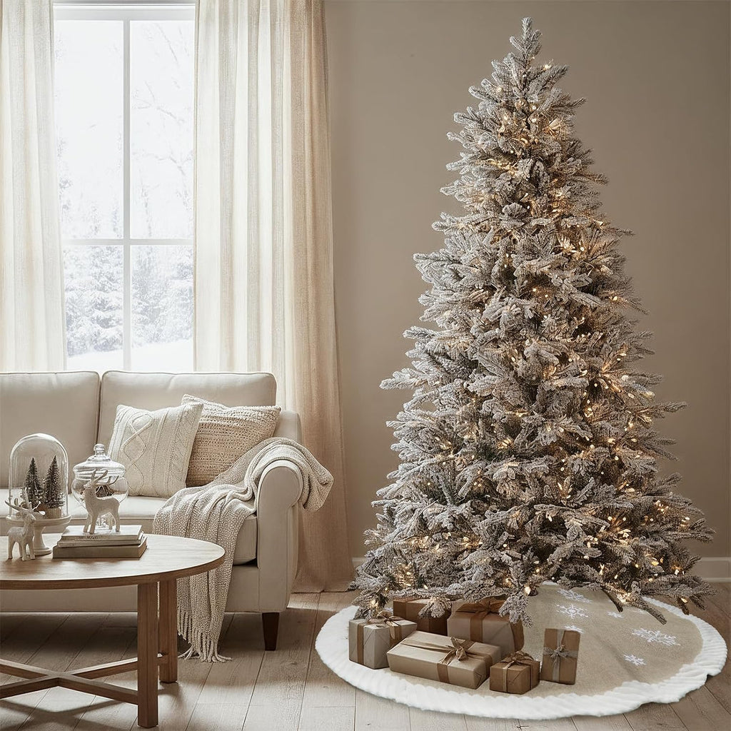 Christmas Tree Skirt 60 inches, Burlap Tree Skirt for 7.5 ft Tree to 9 ft Tree, Large Snowflake Tree Skirt with Faux