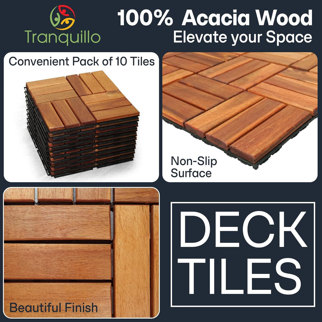 Interlocking Deck Tiles 12”x12”, Acacia Wood Patio Tiles, Waterproof Flooring Tiles for Indoor and Outdoor - Non-Slip
